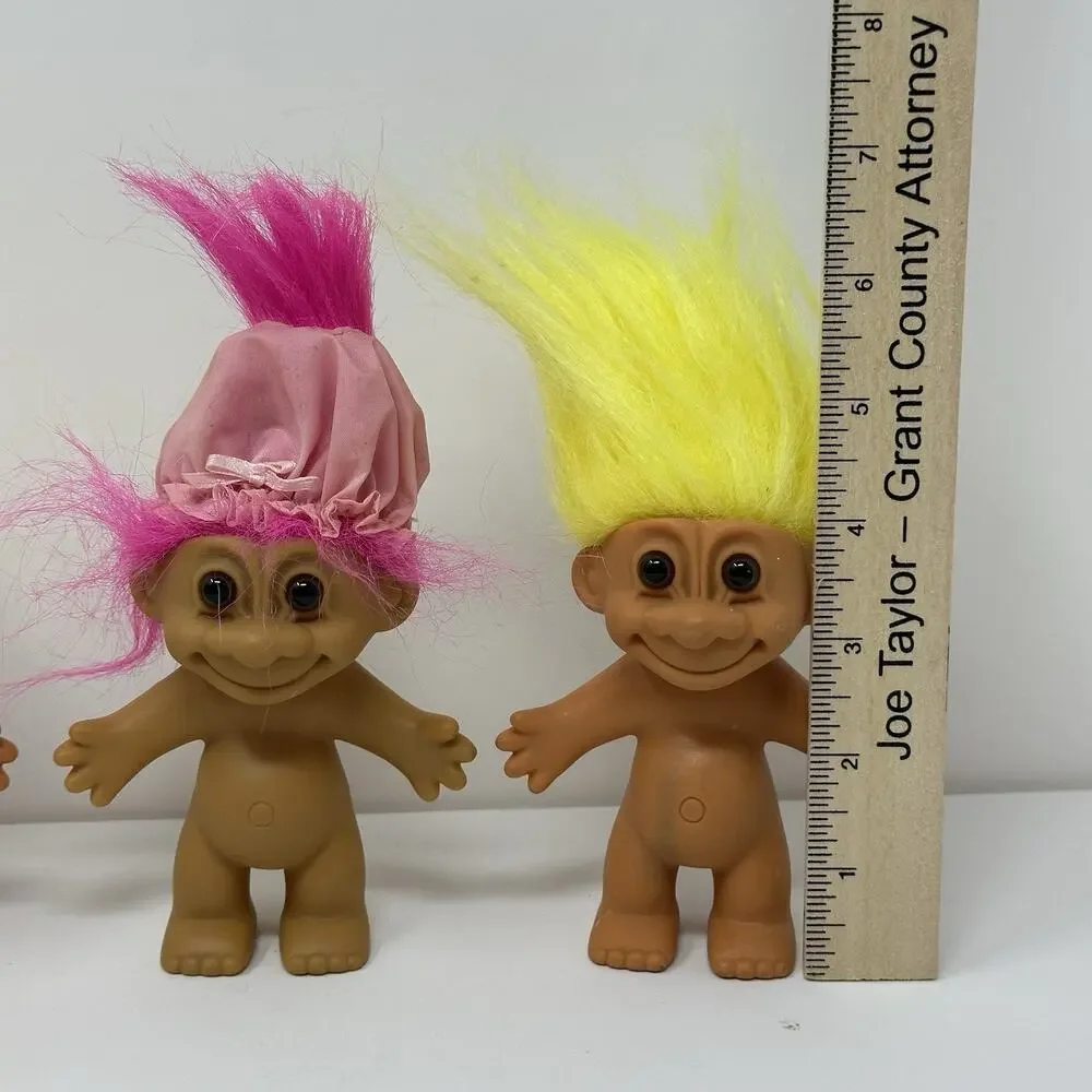 3 Vintage 4” Troll Dolls Russ - Yellow & Pink Hair